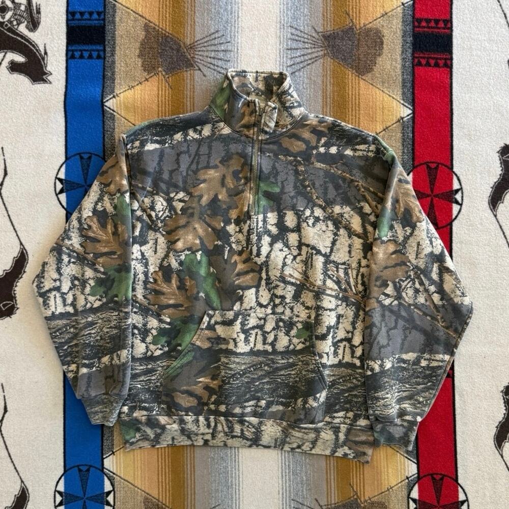 Vintage 90s Jerzees Outdoors Camo Camouflage 1/4 Zip Sweatshirt Size Large